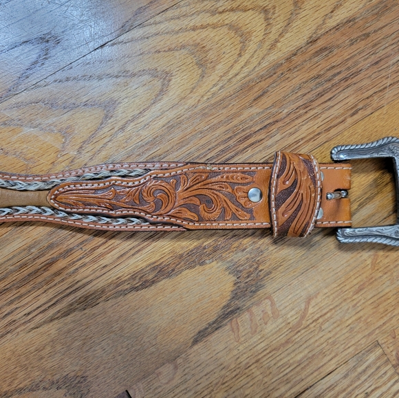 Vintage Brown Leather Embossed Belt with Silver Buckle Size 38 - Picture 12 of 16